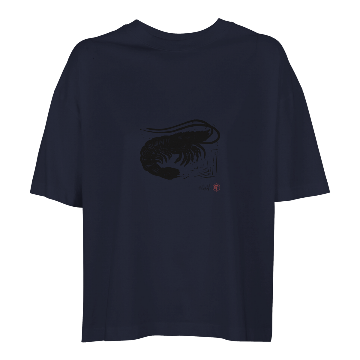 Organic cotton T-shirt with the linocut “Shrimp” – navy blue, women’s cut