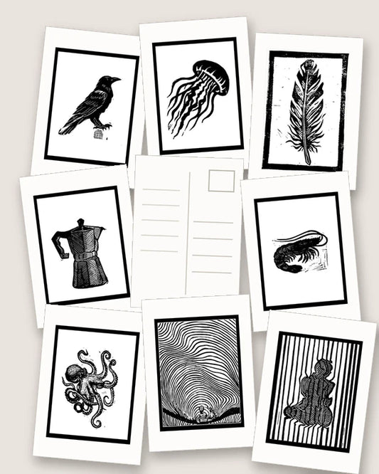 Postcards with linocuts, RC prints