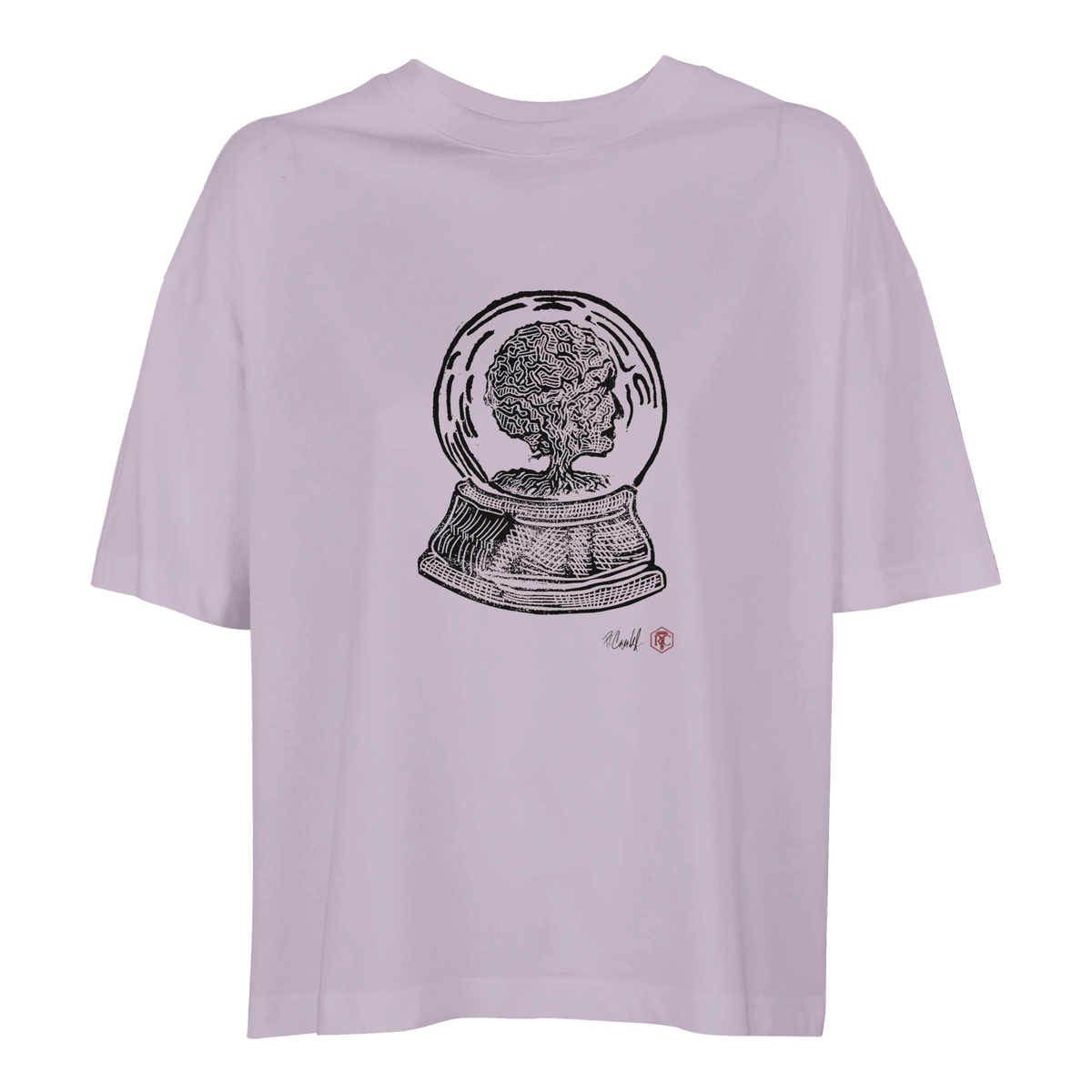 Organic cotton T-shirt with the linocut “Snow Globe Tree” – lilac, women’s cut