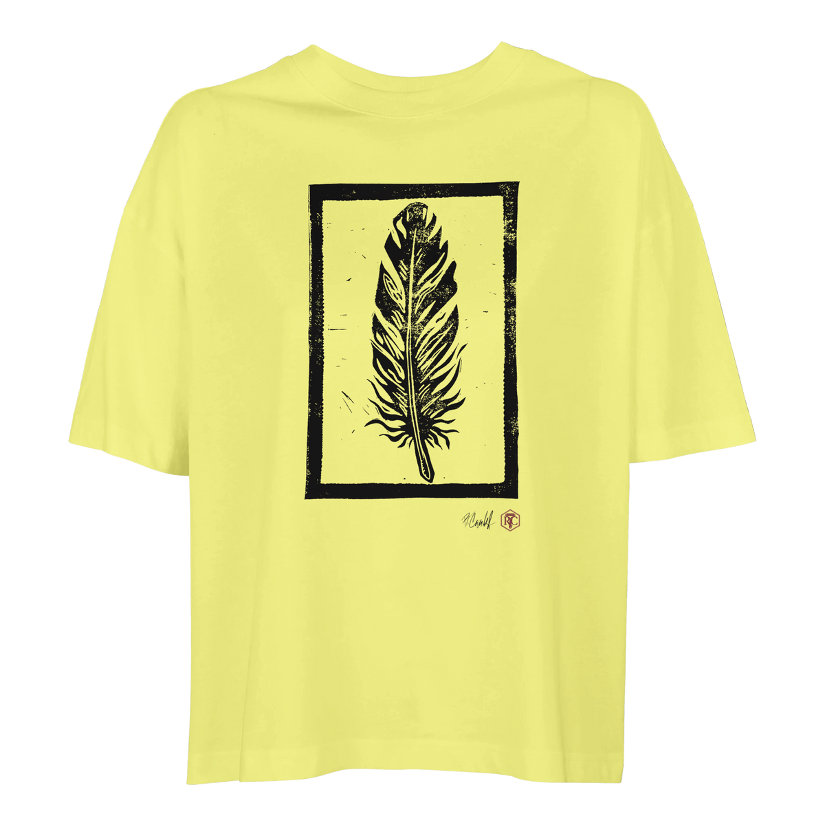 Organic cotton T-shirt with the linocut “Feather” – light yellow, women’s cut