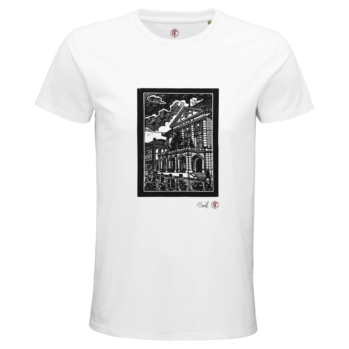 Organic cotton T-shirt with the linocut “Casino Bern” – white, men’s cut