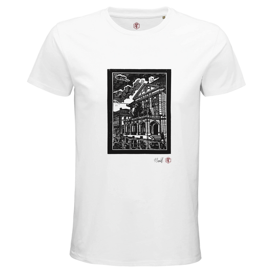 Organic cotton T-shirt with the linocut “Casino Bern” – white, men’s cut