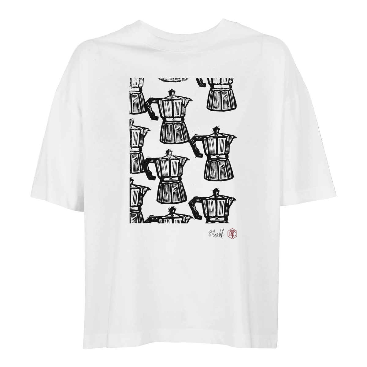 Organic cotton T-shirt with the linocut “Moka” – white, women’s cut