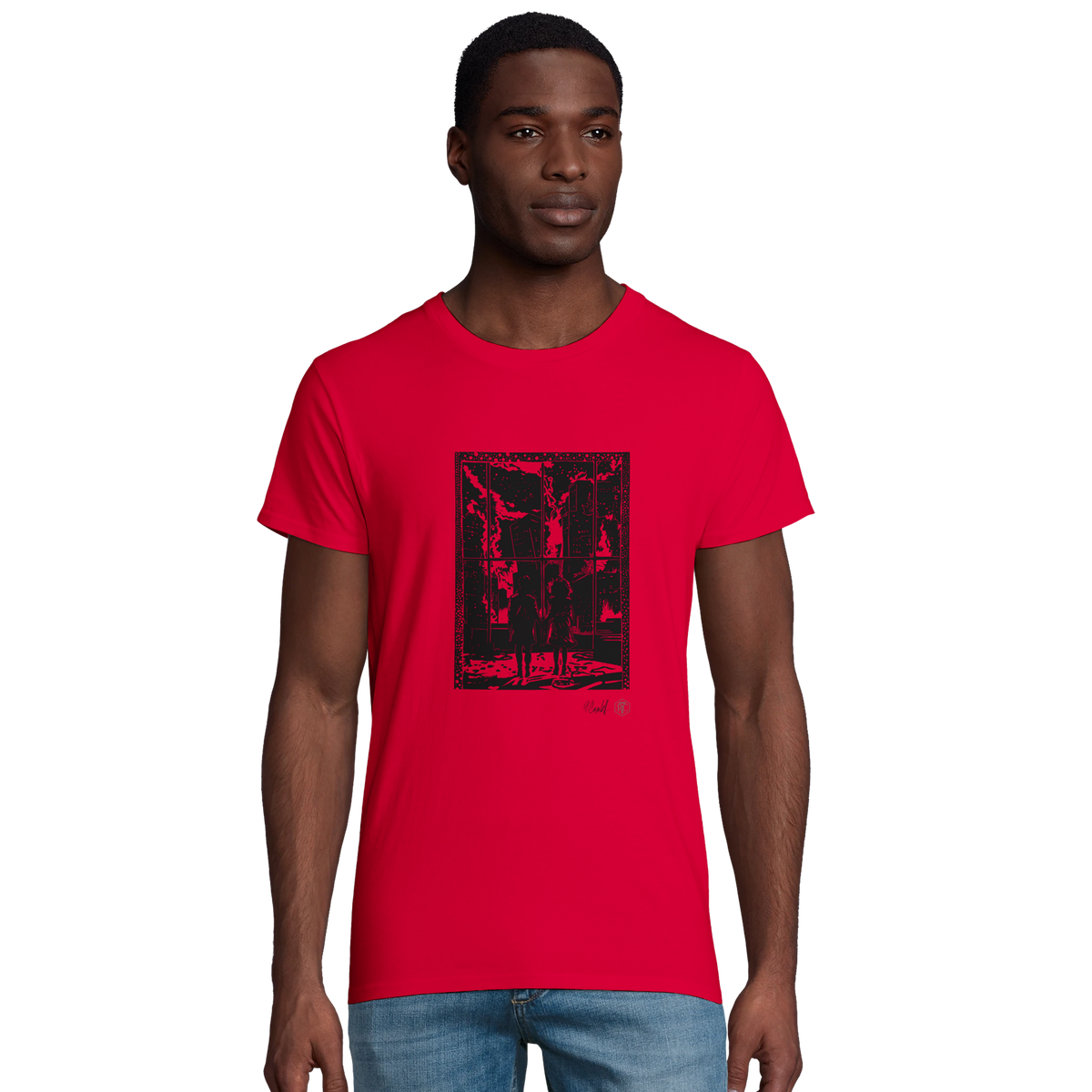 Model wearing T-shirt “The Window”, red, men’s cut – front view