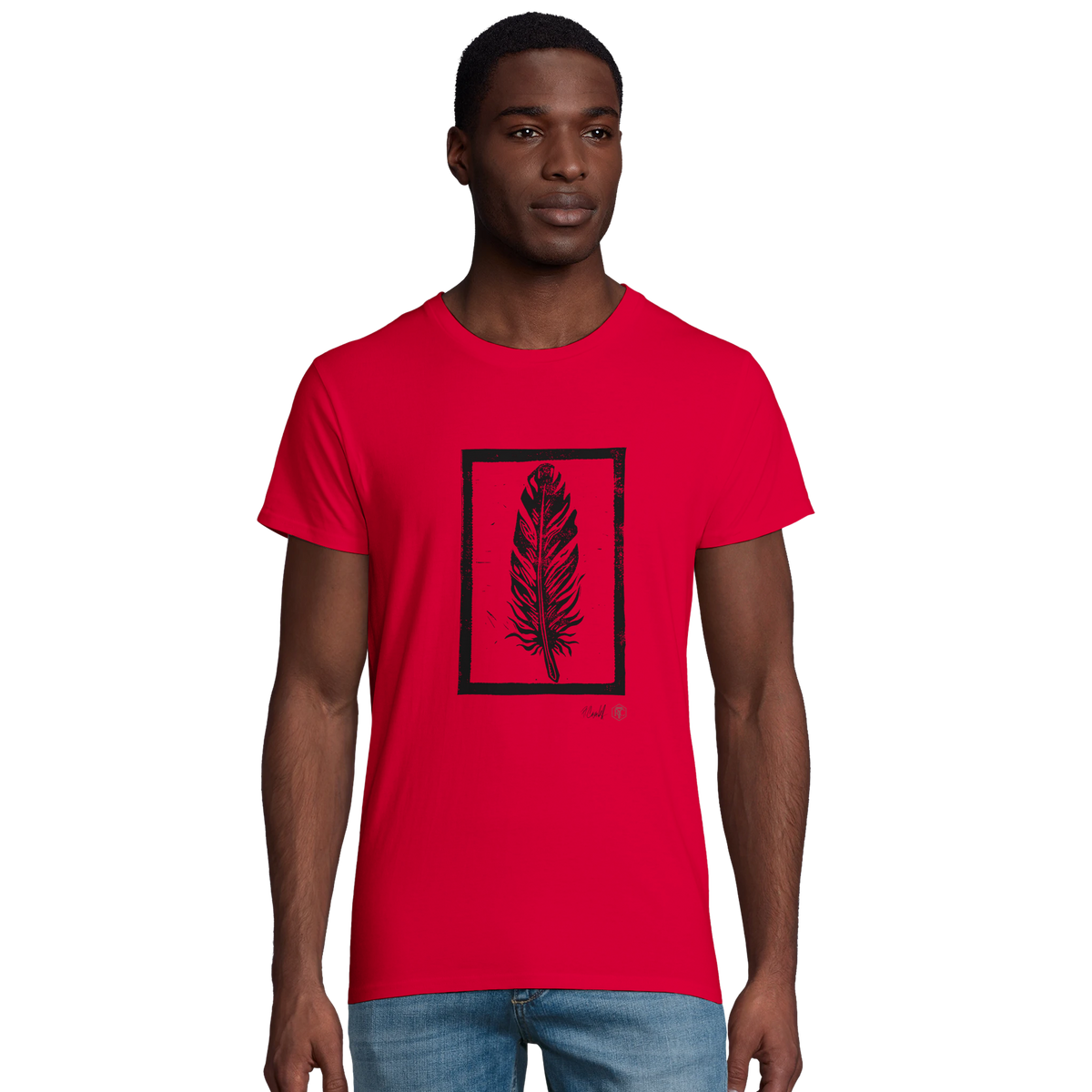 Model wearing T-shirt “Feather”, red, men’s cut – front view