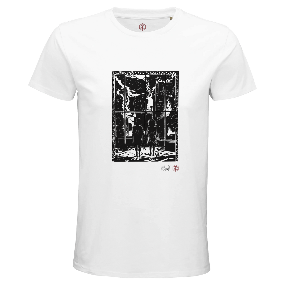 Organic cotton T-shirt with the linocut “The Window” – white, men’s cut