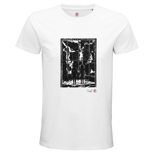 Organic cotton T-shirt with the linocut “The Window” – white, men’s cut