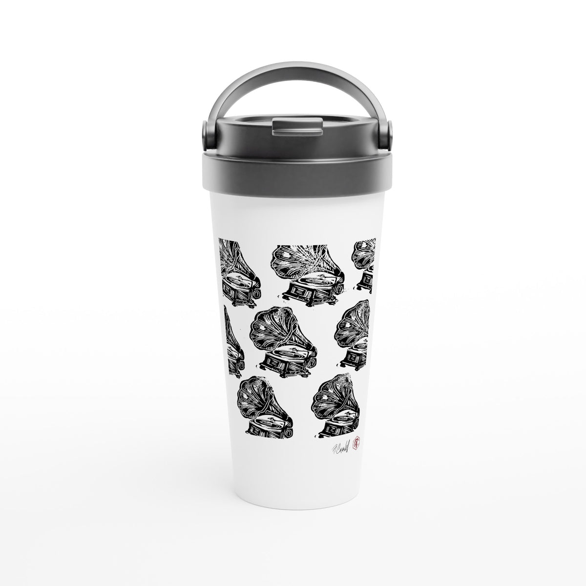 Stainless steel travel mug with the linocut “Gramophones” – view 1