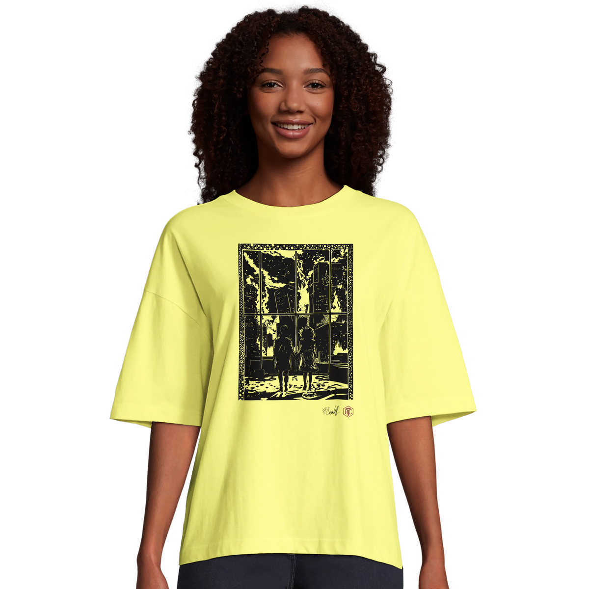 Model wearing T-shirt “The Window”, light yellow, women’s cut – front view