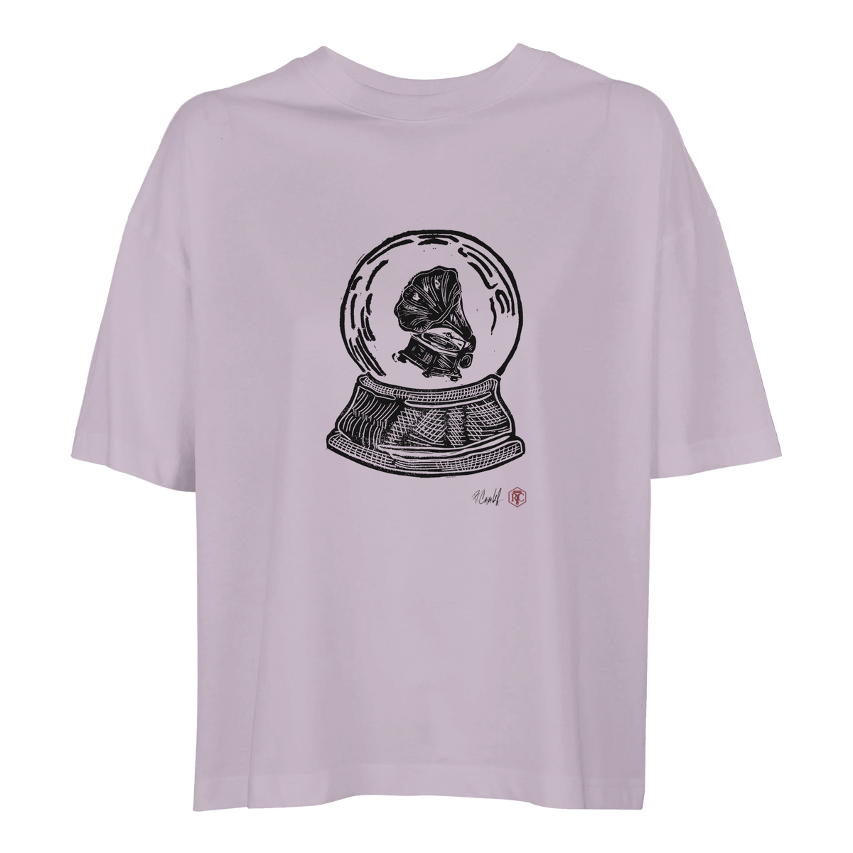 Organic cotton T-shirt with the linocut “Snow Globe Gramophone” – lilac, women’s cut