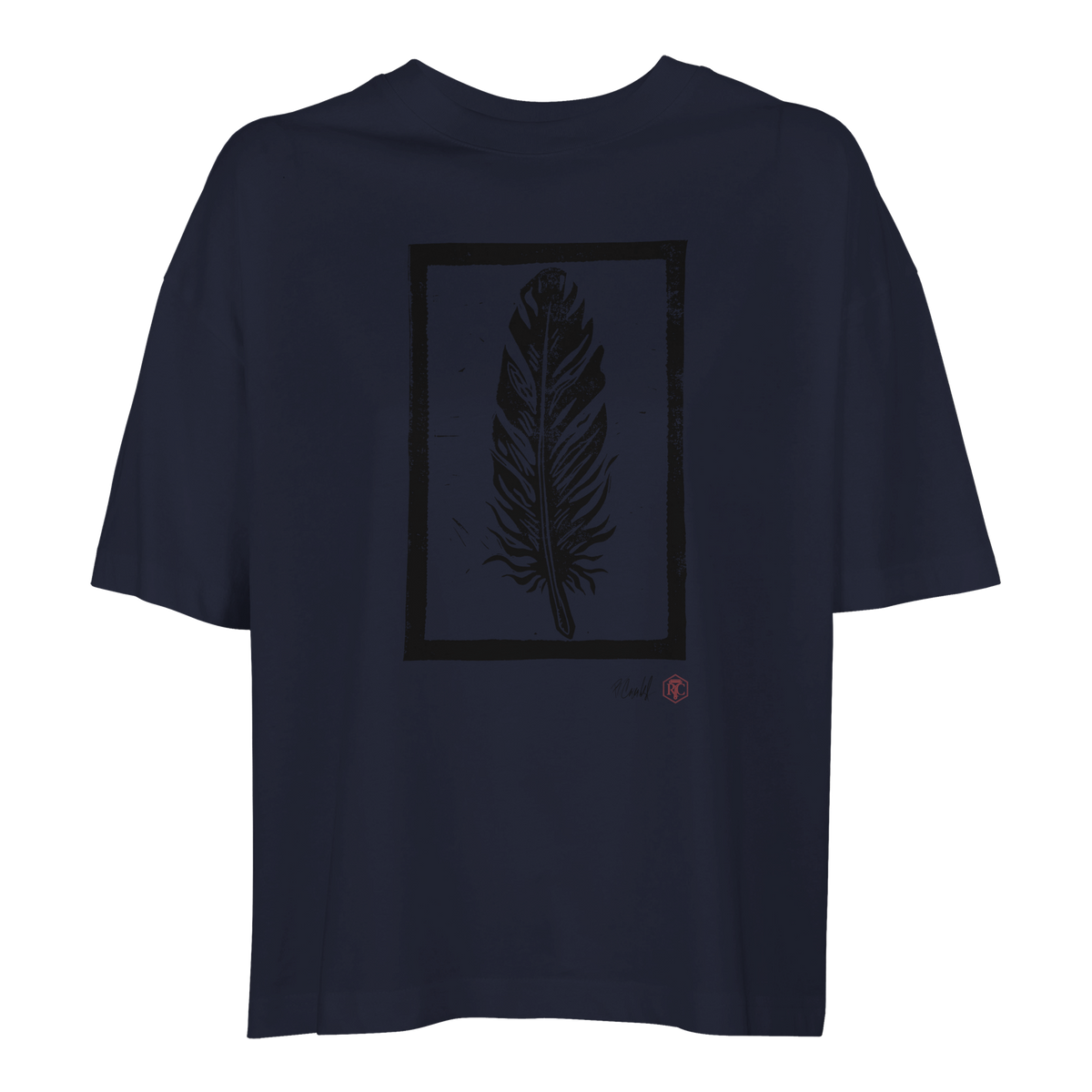 Organic cotton T-shirt with the linocut “Feather” – navy blue, women’s cut