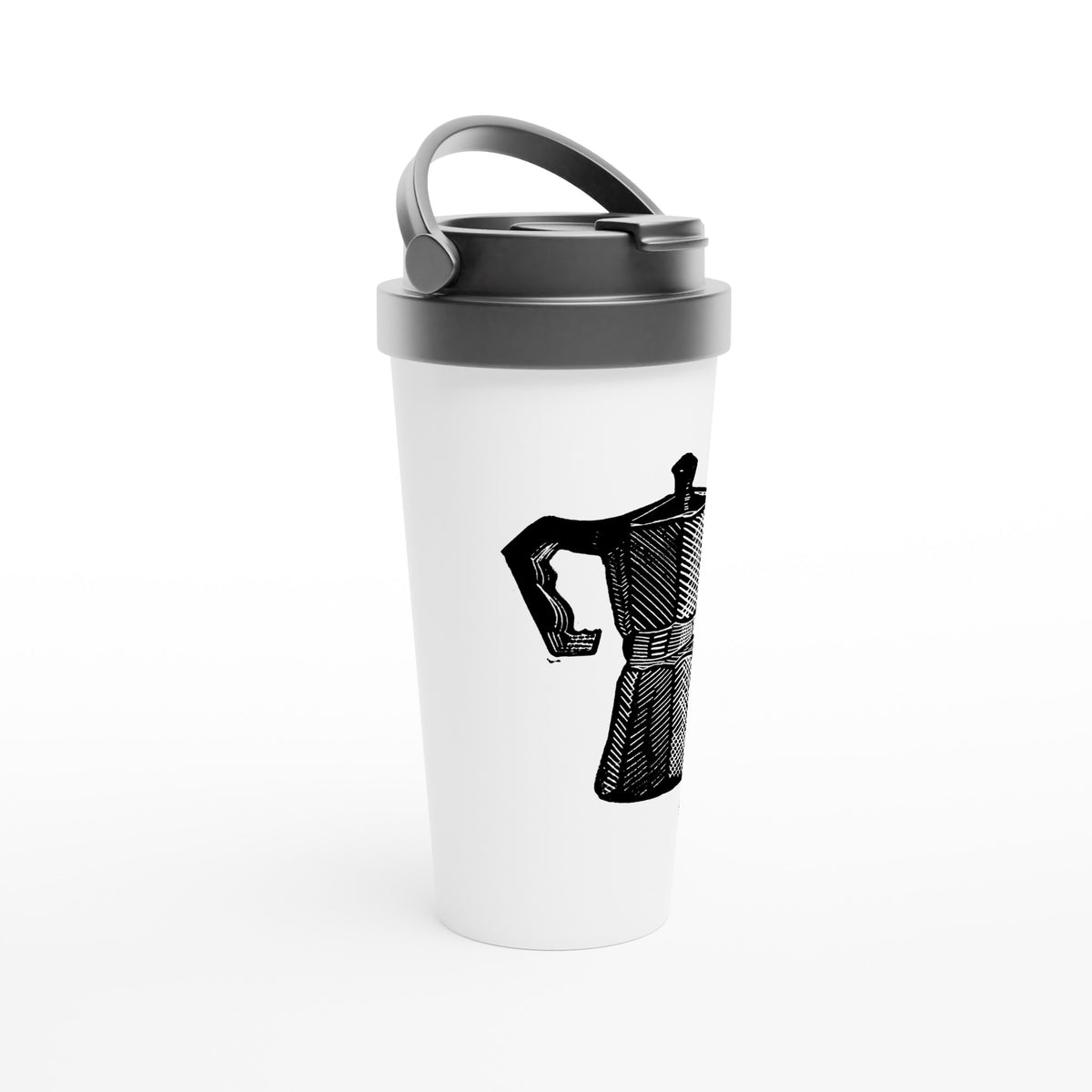 Stainless steel travel mug with the linocut “Moka Pot” – view 2