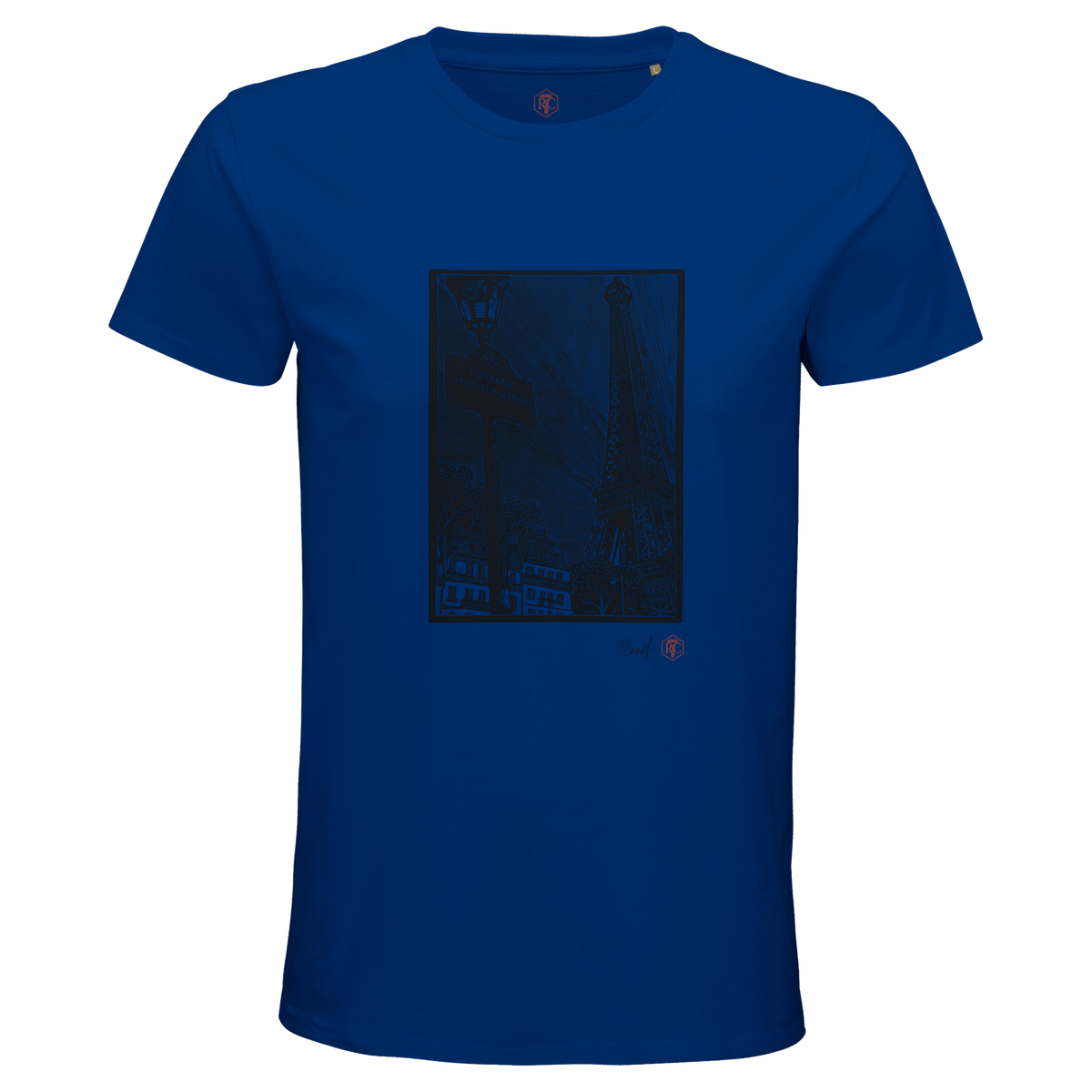Organic cotton T-shirt with the linocut “Esplanade, Paris” – royal blue, men’s cut