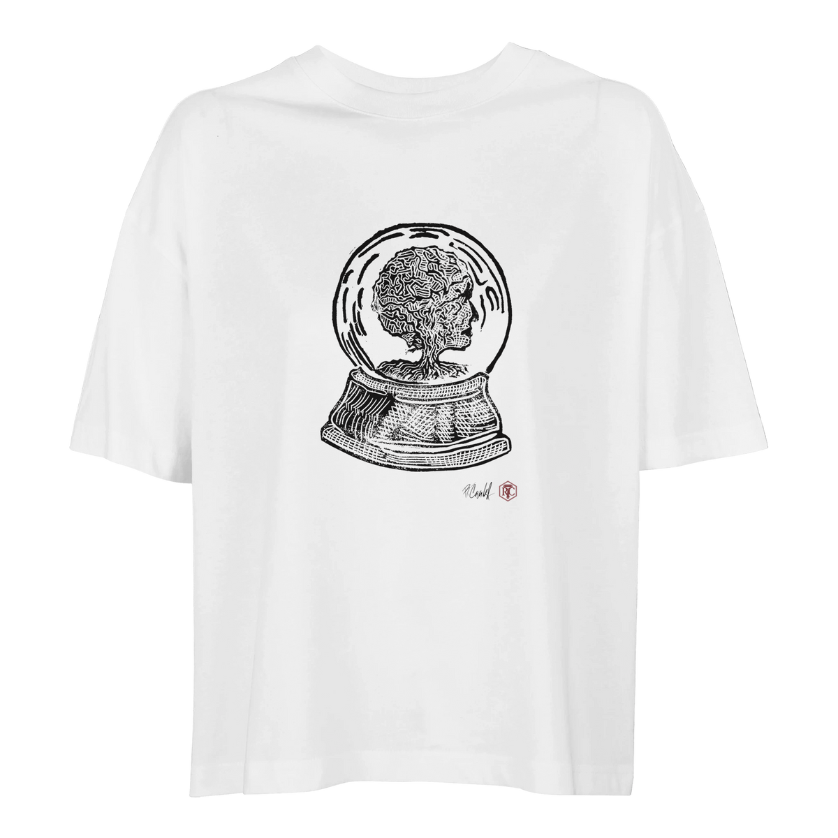 Organic cotton T-shirt with the linocut “Snow Globe Tree” – white, women’s cut