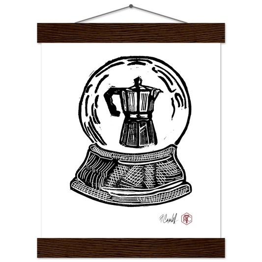 Poster 20 × 25 cm with wooden hanger, linocut “Snow Globe Moka Pot” – front view