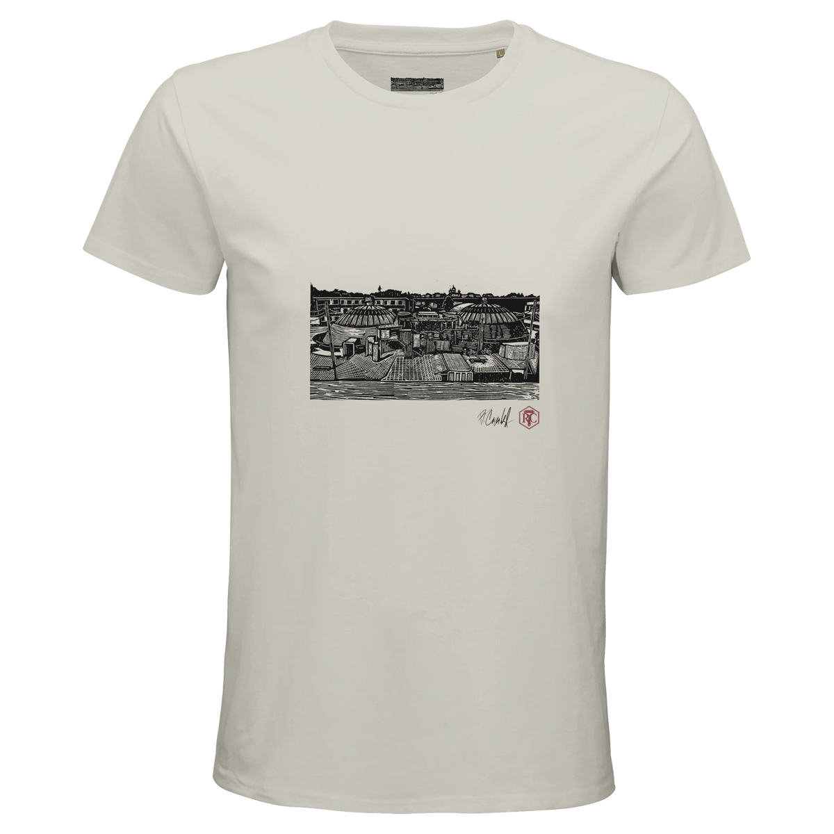 Organic cotton T-shirt with the linocut “The Domes” – ash grey, men’s cut