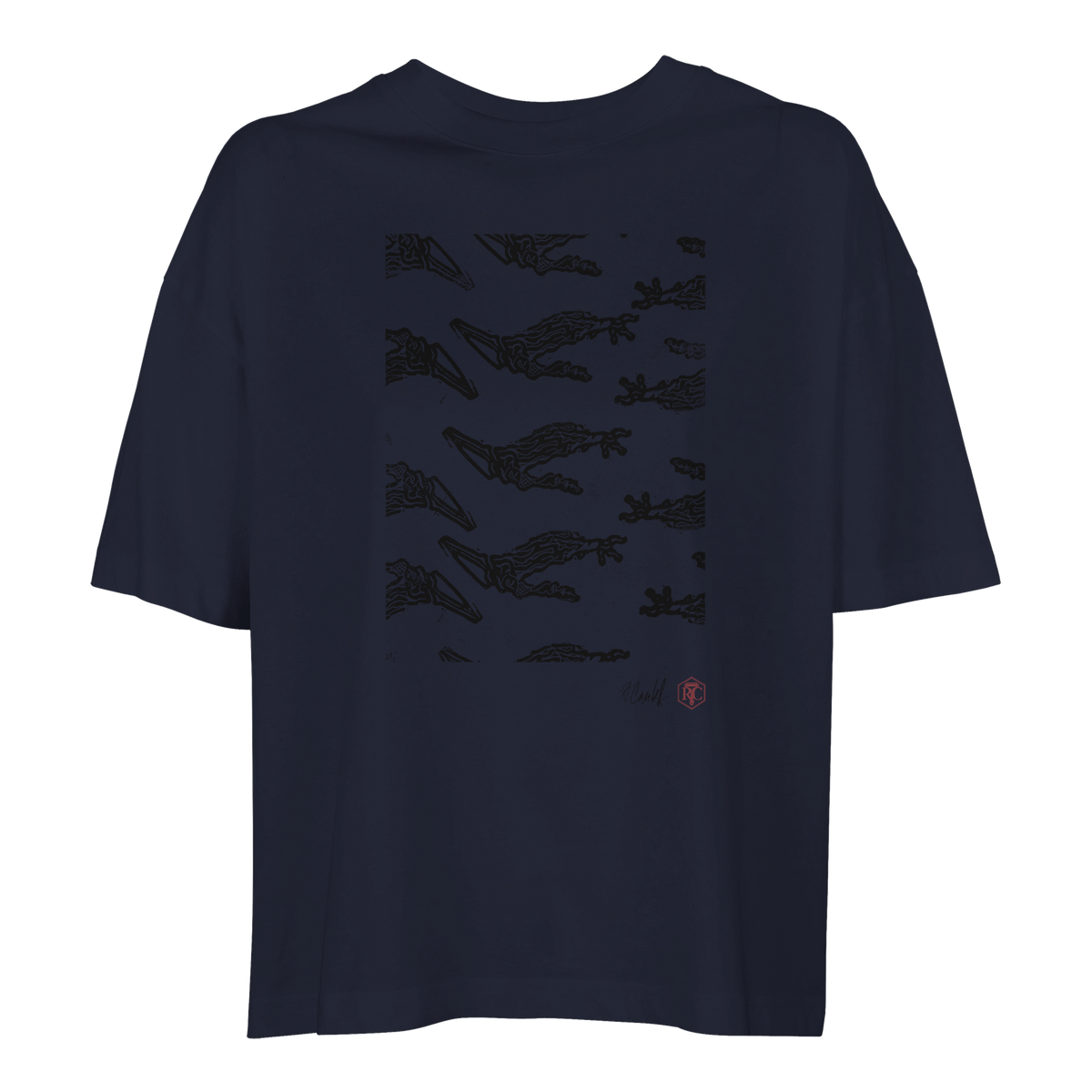 Organic cotton T-shirt with the linocut “Claws” – navy blue, women’s cut