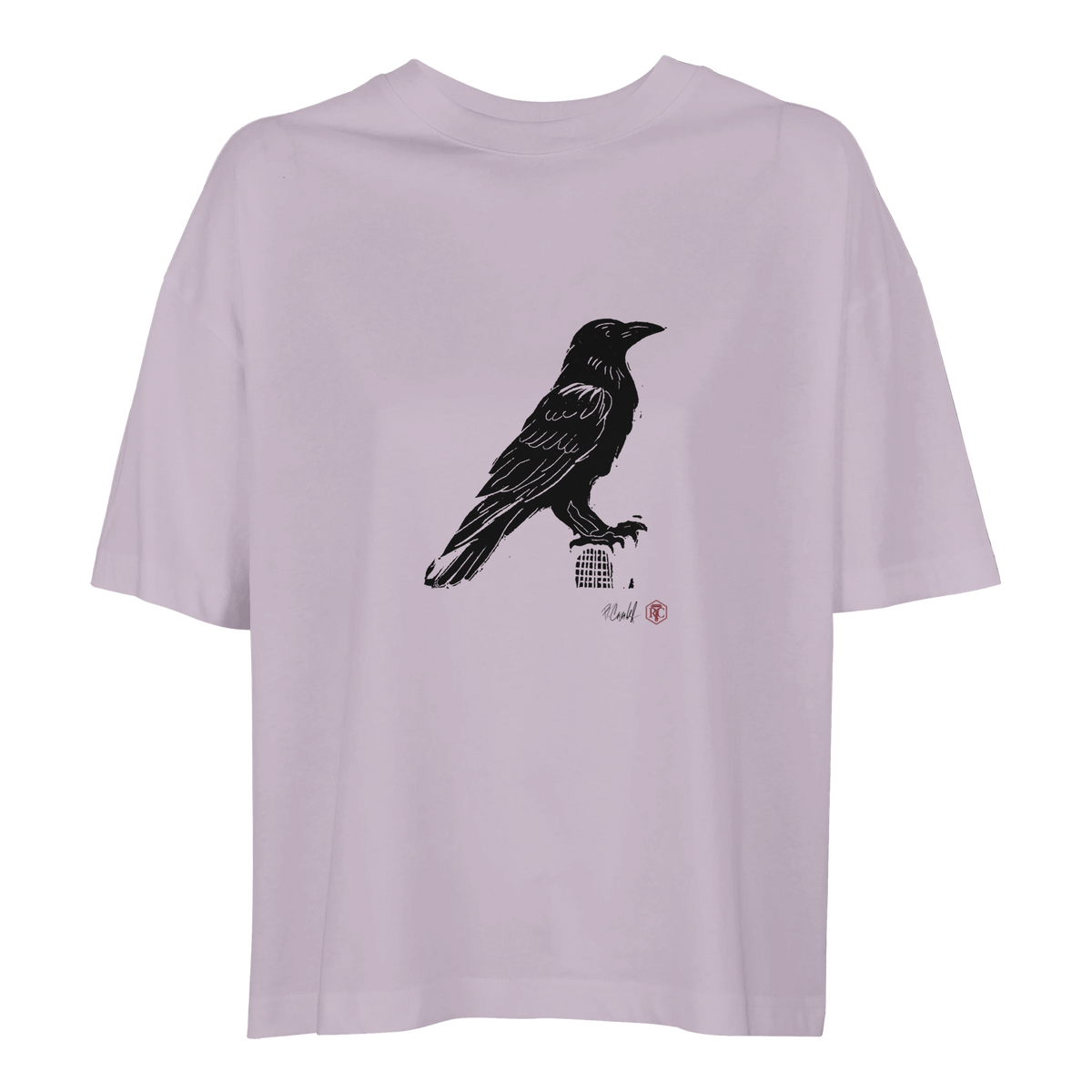 Organic cotton T-shirt with the linocut “Raven” – lilac, women’s cut