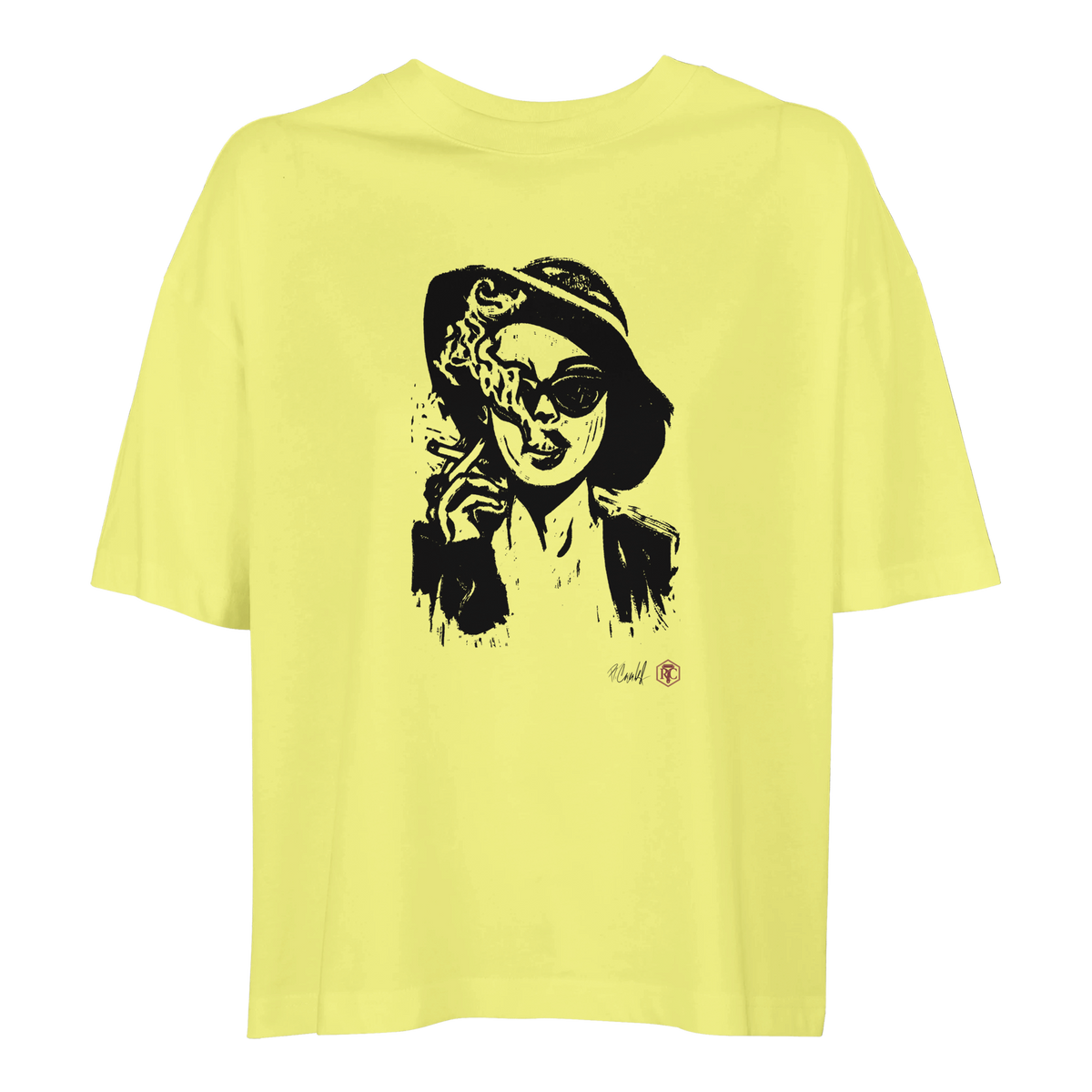 Organic cotton T-shirt with the linocut “Smoke” – light yellow, women’s cut