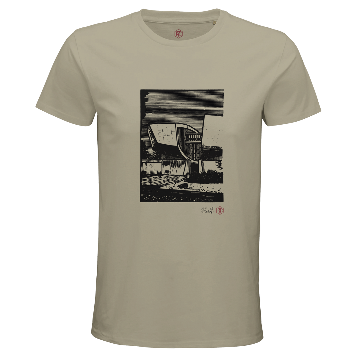 Organic cotton T-shirt with the linocut “SNP” – sand, men’s cut