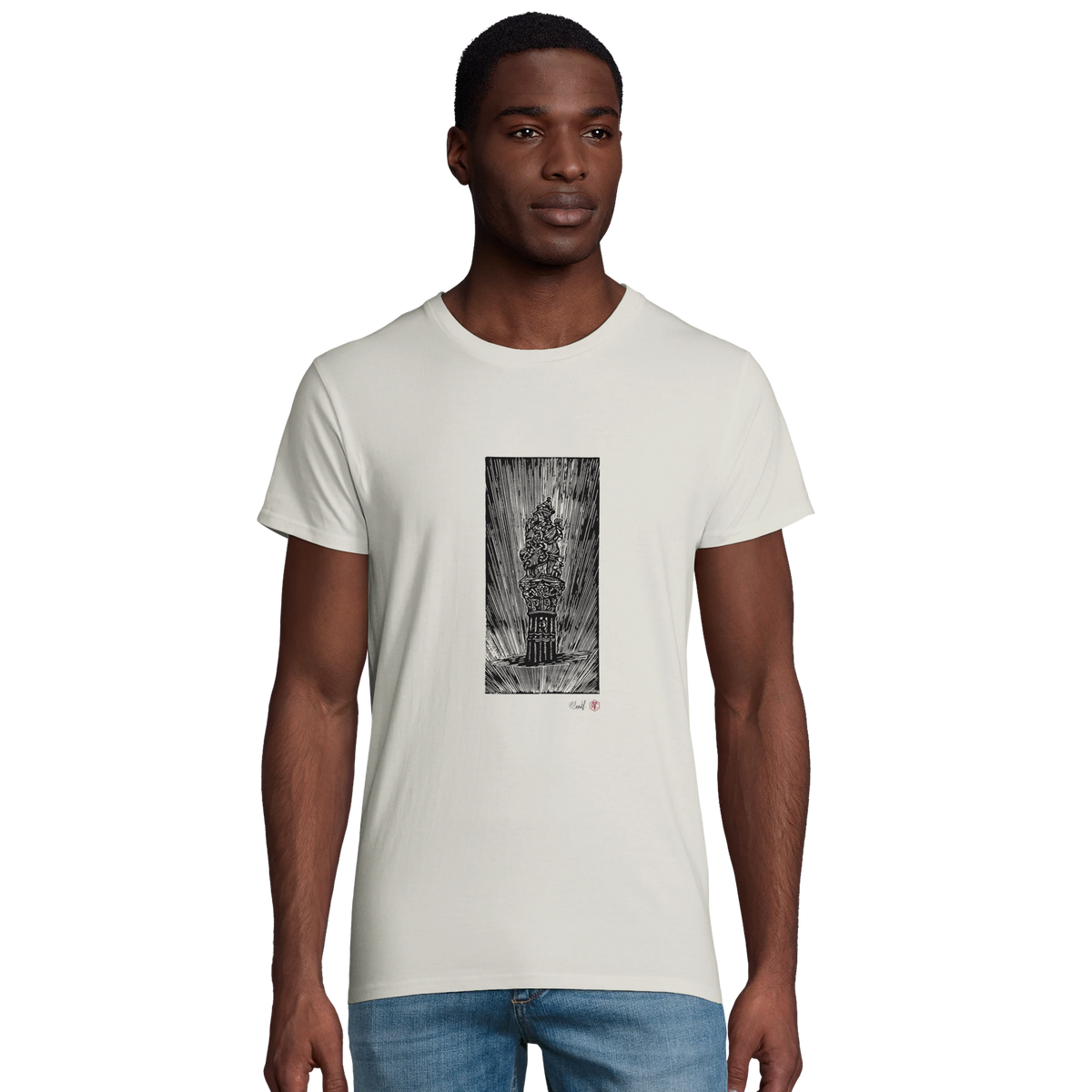 Model wearing T-shirt “The Fountain, Bern”, ash grey, men’s cut – front view