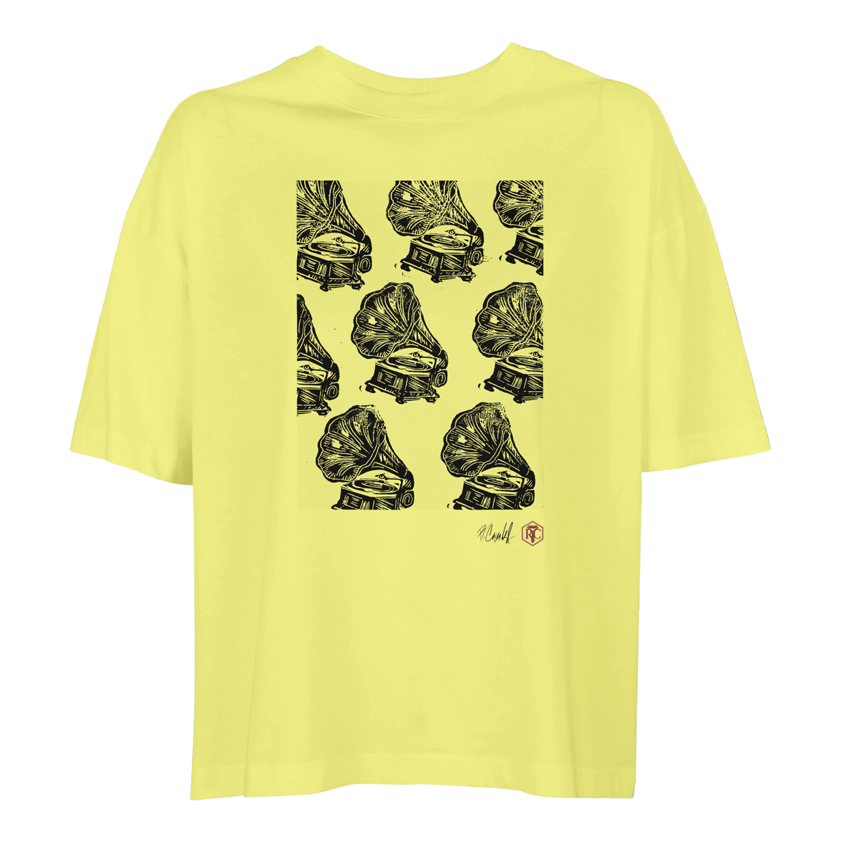 Organic cotton T-shirt with the linocut “Gramophones” – light yellow, women’s cut