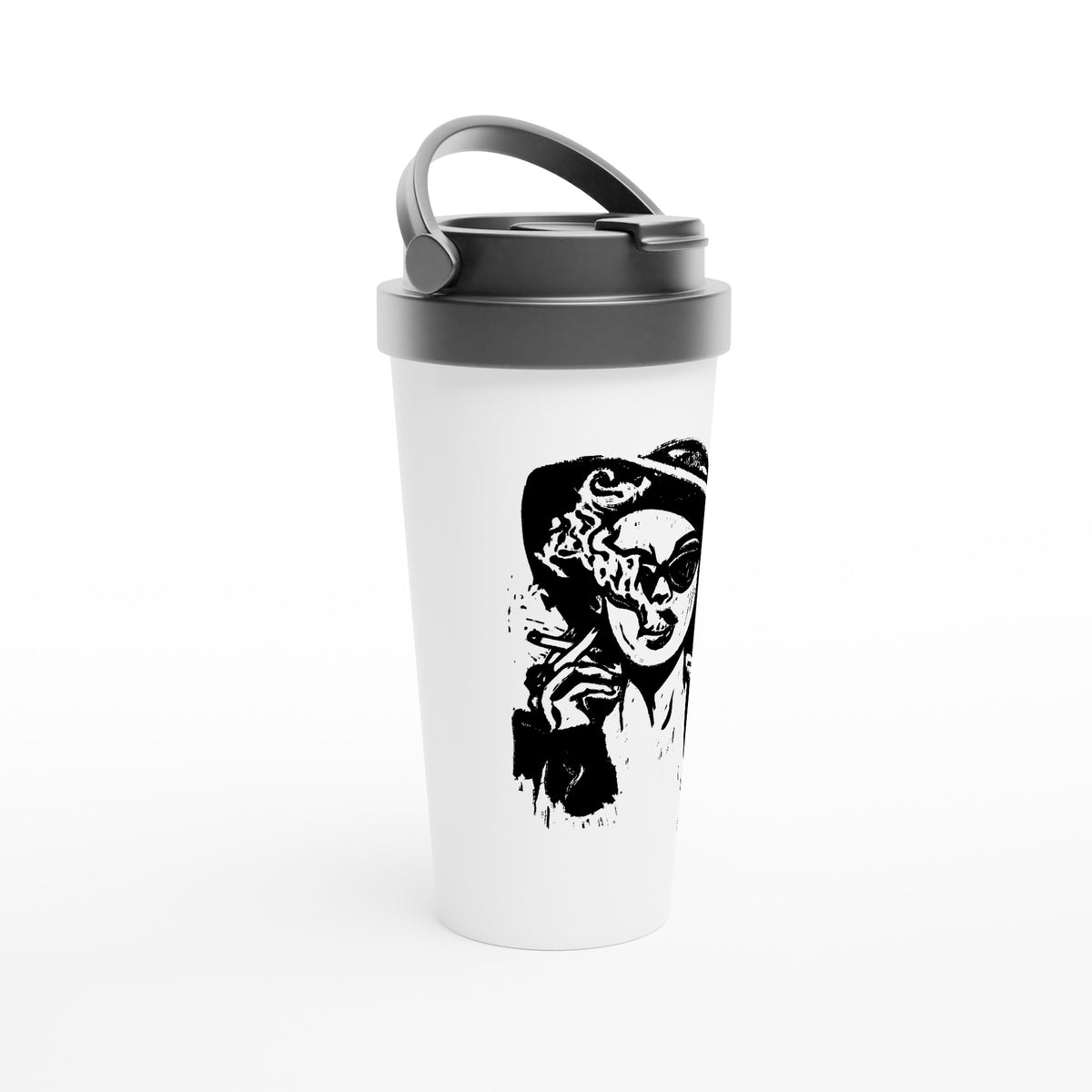 Stainless steel travel mug with the linocut “Smoke” – view 2