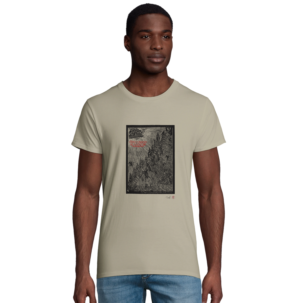 Model wearing T-shirt “The Ladder”, sand, men’s cut – front view