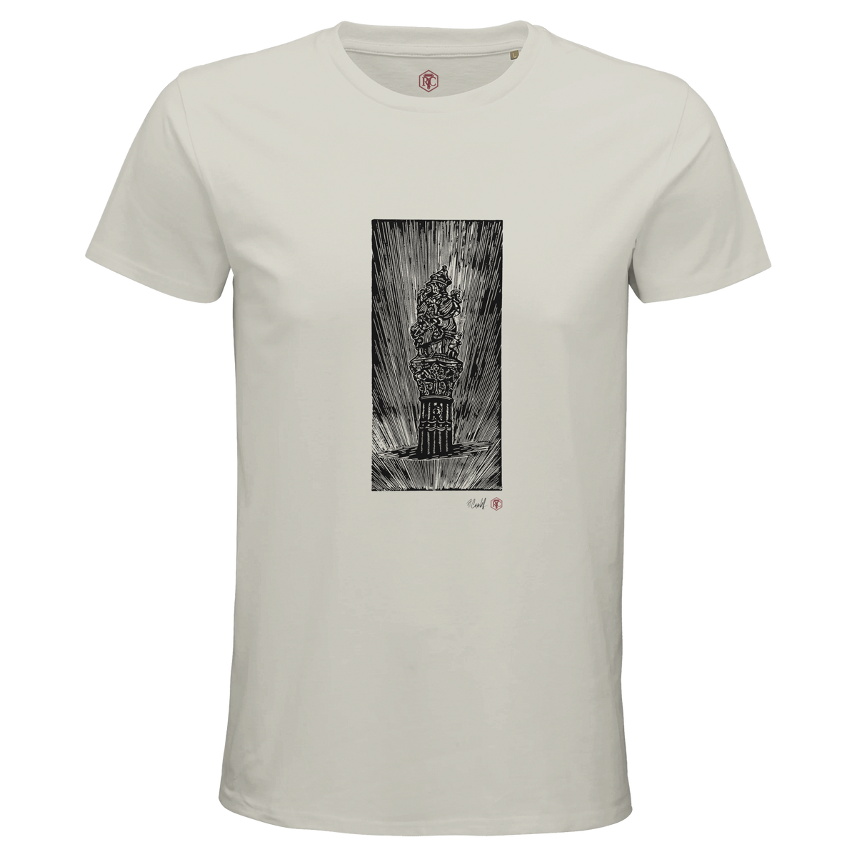 Organic cotton T-shirt with the linocut “The Fountain, Bern” – ash grey, men’s cut