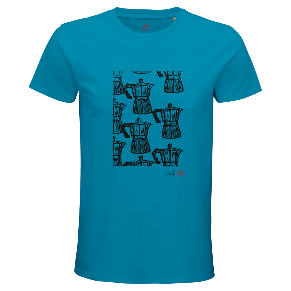 Organic cotton T-shirt with the linocut “Moka” – aqua, men’s cut