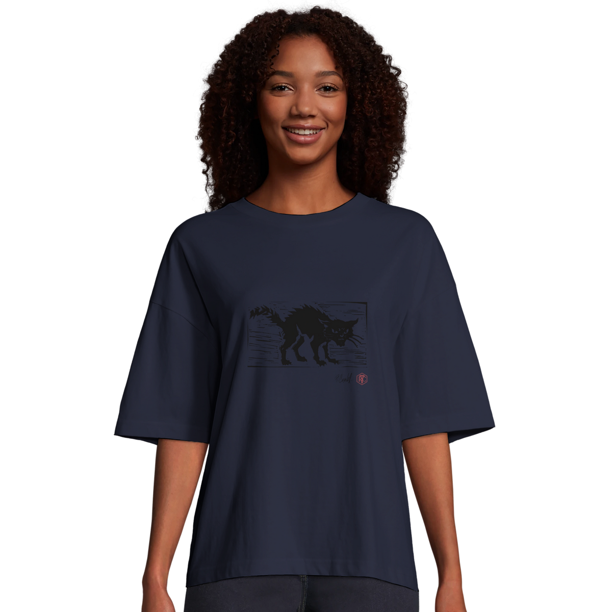 Model wearing T-shirt “Cat”, navy blue, women’s cut – front view