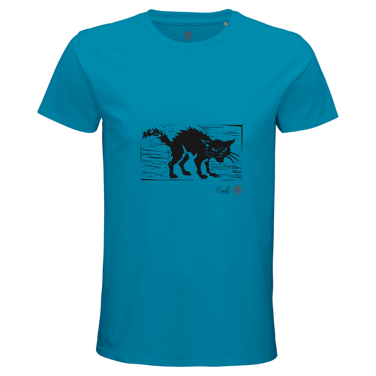 Organic cotton T-shirt with the linocut “Cat” – aqua, men’s cut