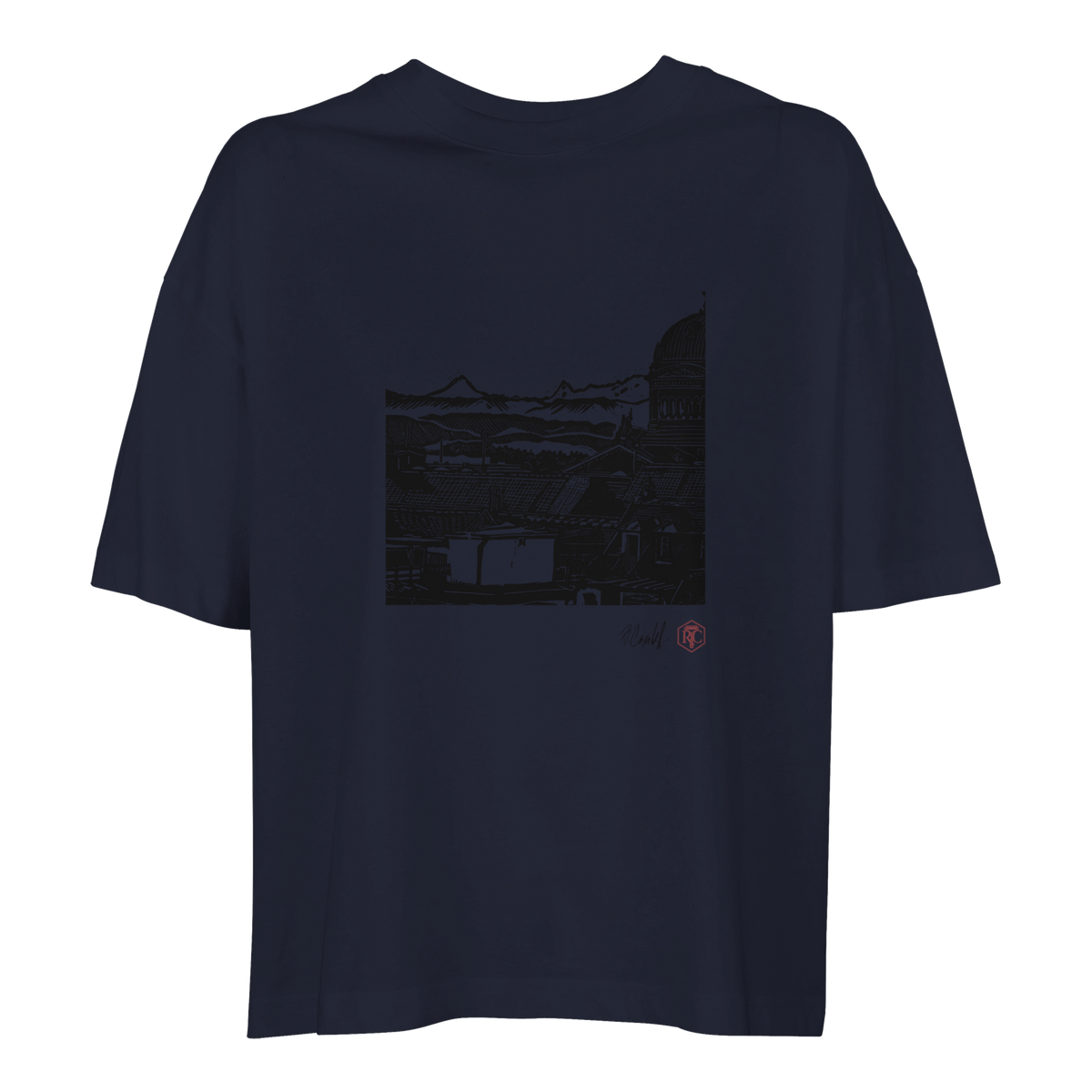Organic cotton T-shirt with the linocut “Above Bern” – navy blue, women’s cut