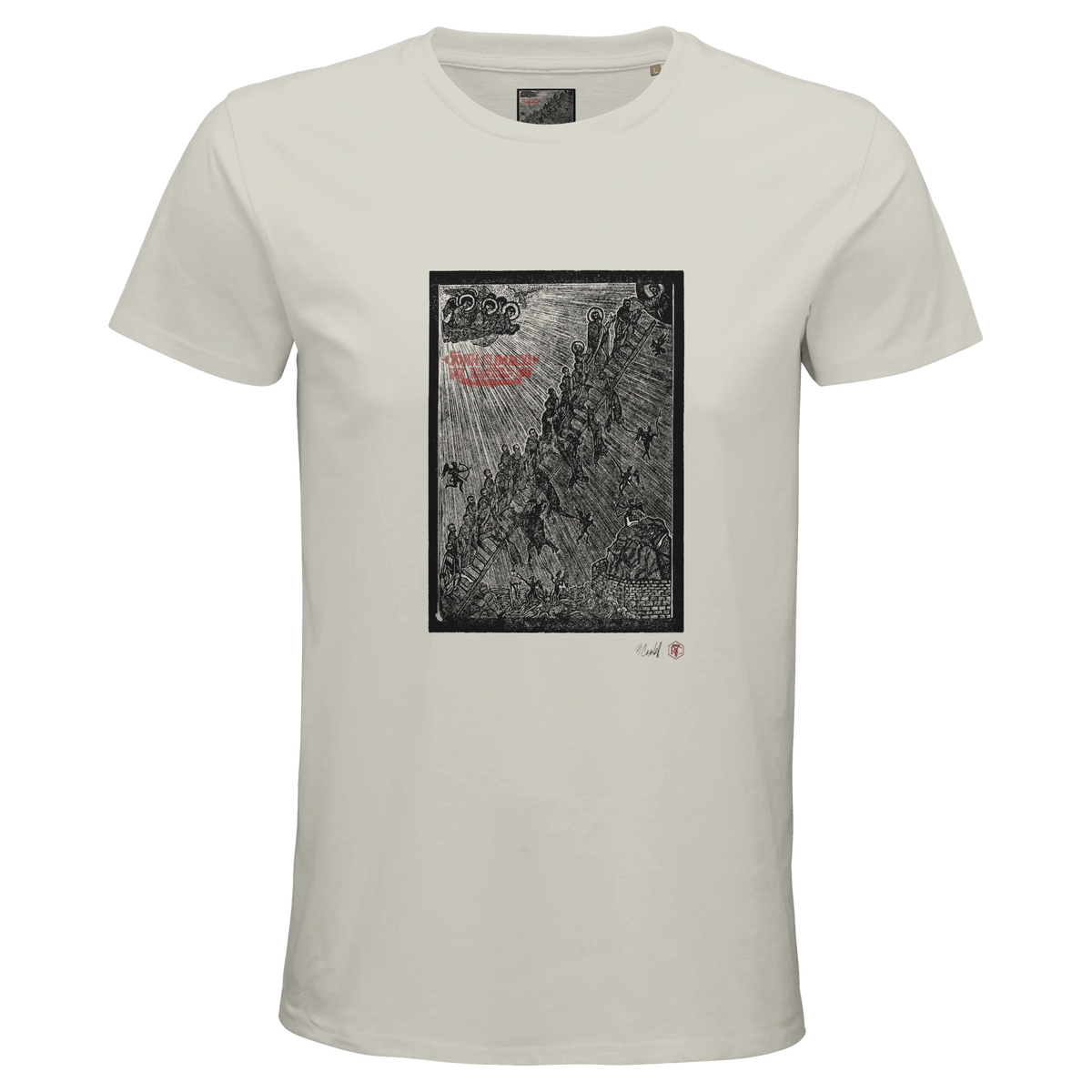 Organic cotton T-shirt with the linocut “The Ladder” – ash grey, men’s cut