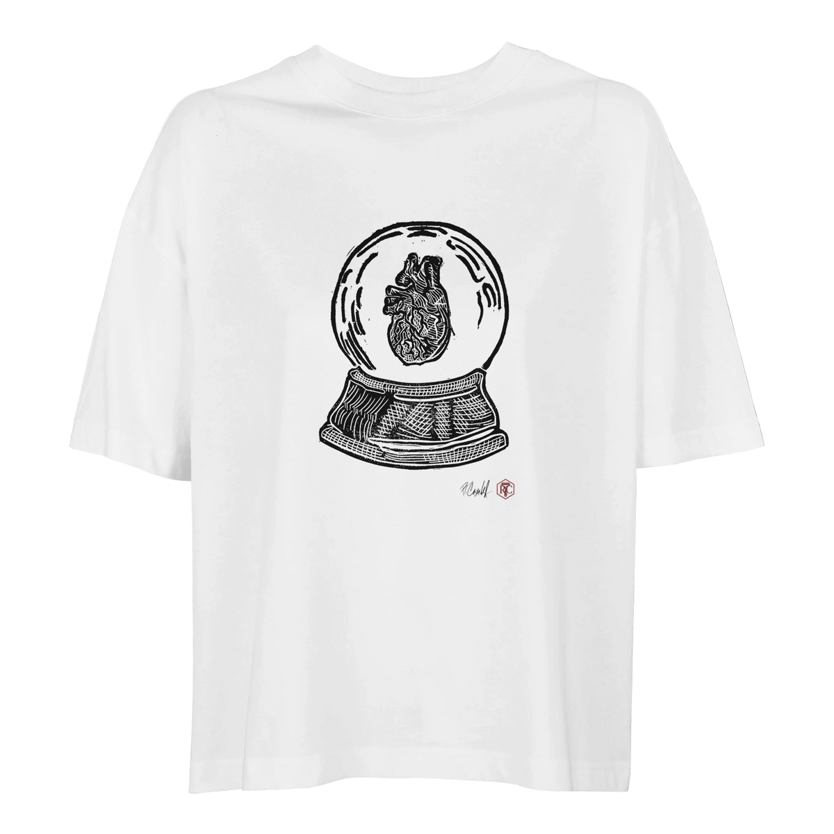 Organic cotton T-shirt with the linocut “Snow Globe Heart” – white, women’s cut