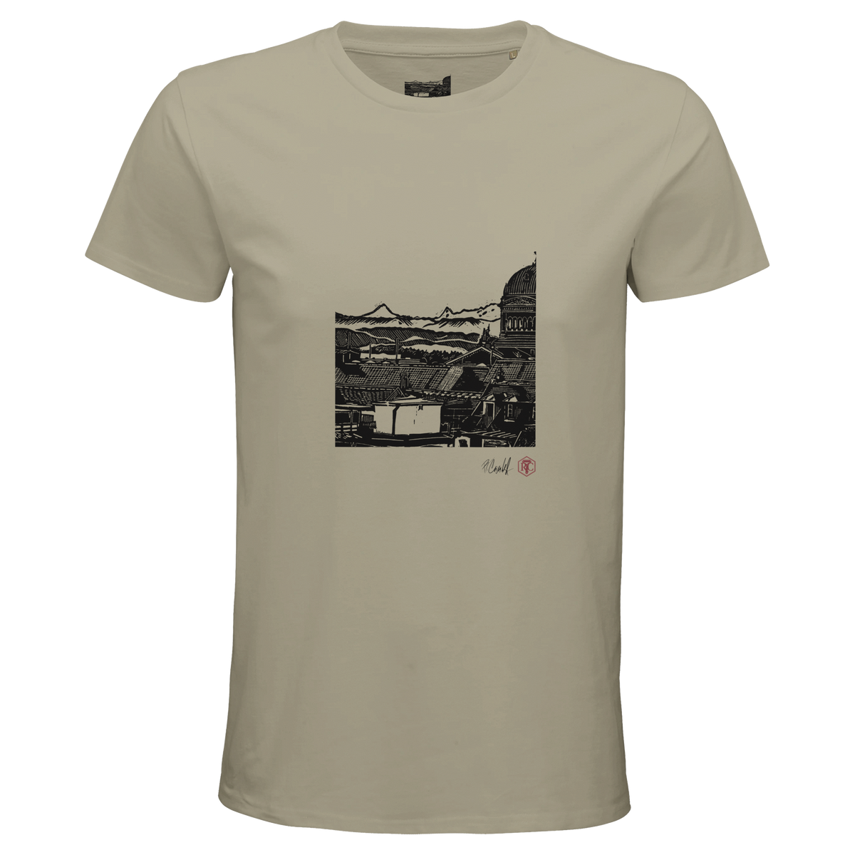 Organic cotton T-shirt with the linocut “Above Bern” – sand, men’s cut