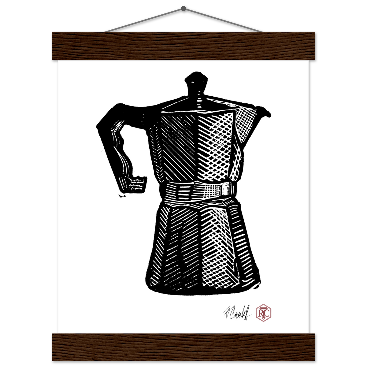 Poster 20 × 25 cm with wooden hanger, linocut “Moka Pot” – front view
