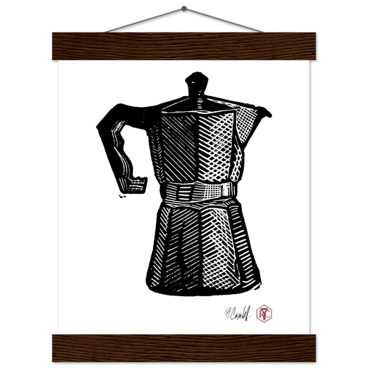 Poster 20 × 25 cm with wooden hanger, linocut “Moka Pot” – front view
