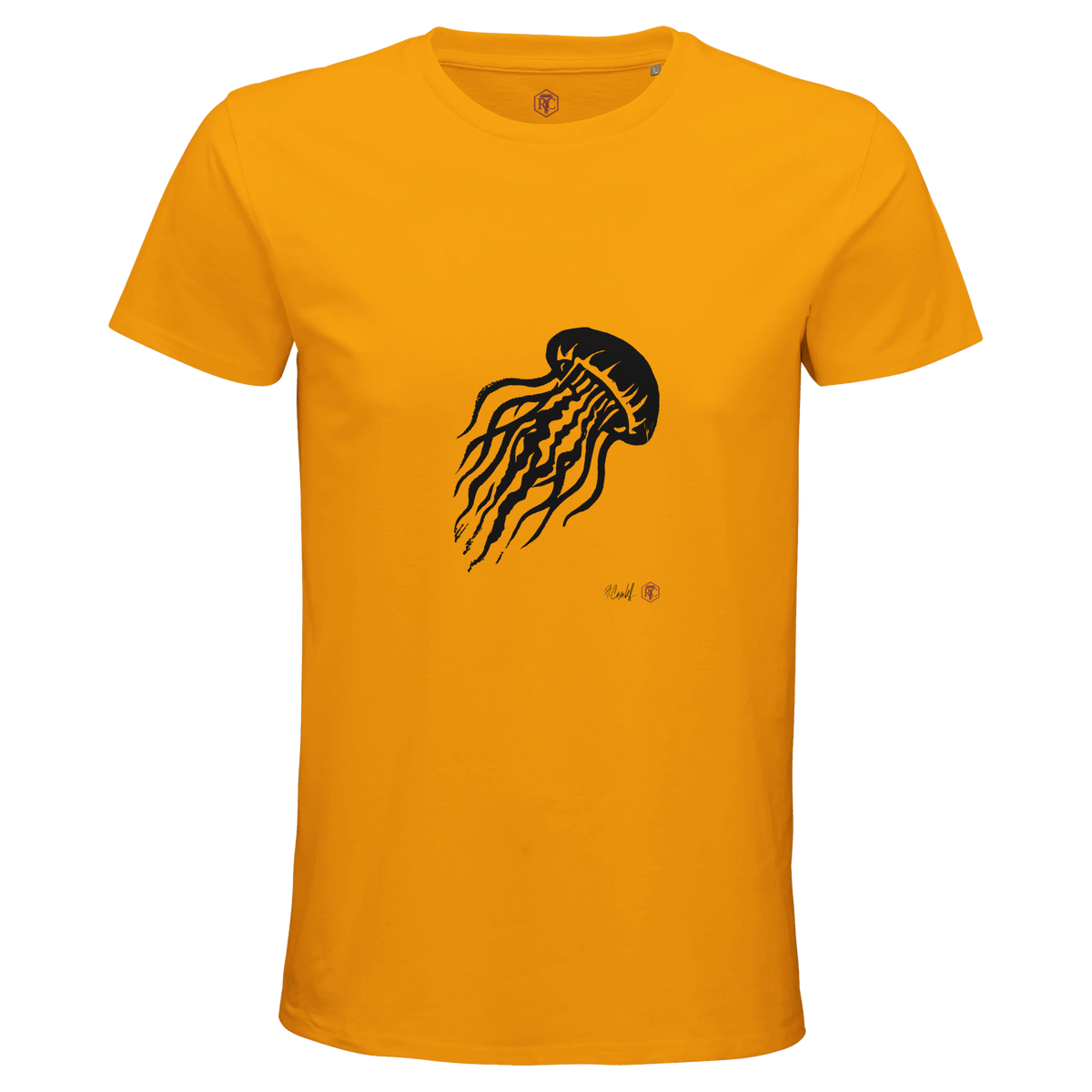 Organic cotton T-shirt with the linocut “Jellyfish” – gold, men’s cut