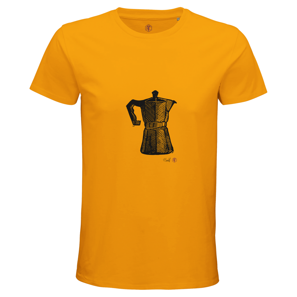 Organic cotton T-shirt with the linocut “Moka Pot” – gold, men’s cut