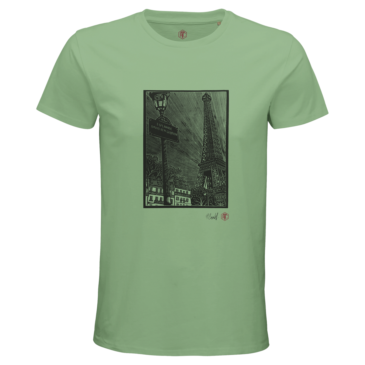 Organic cotton T-shirt with the linocut “Esplanade, Paris” – apple green, men’s cut