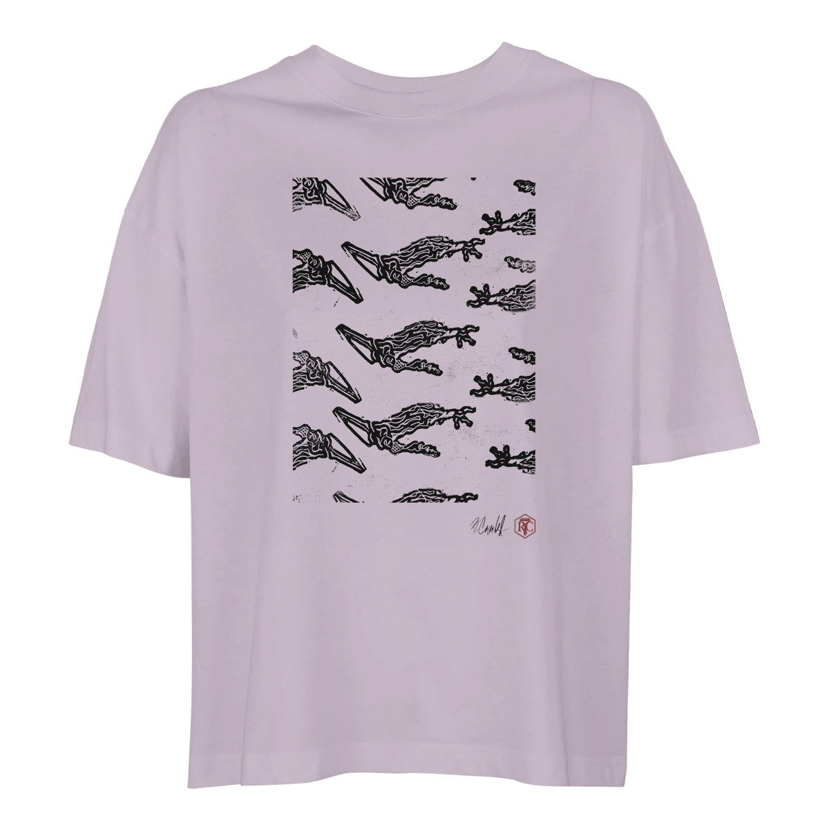 Organic cotton T-shirt with the linocut “Claws” – lilac, women’s cut