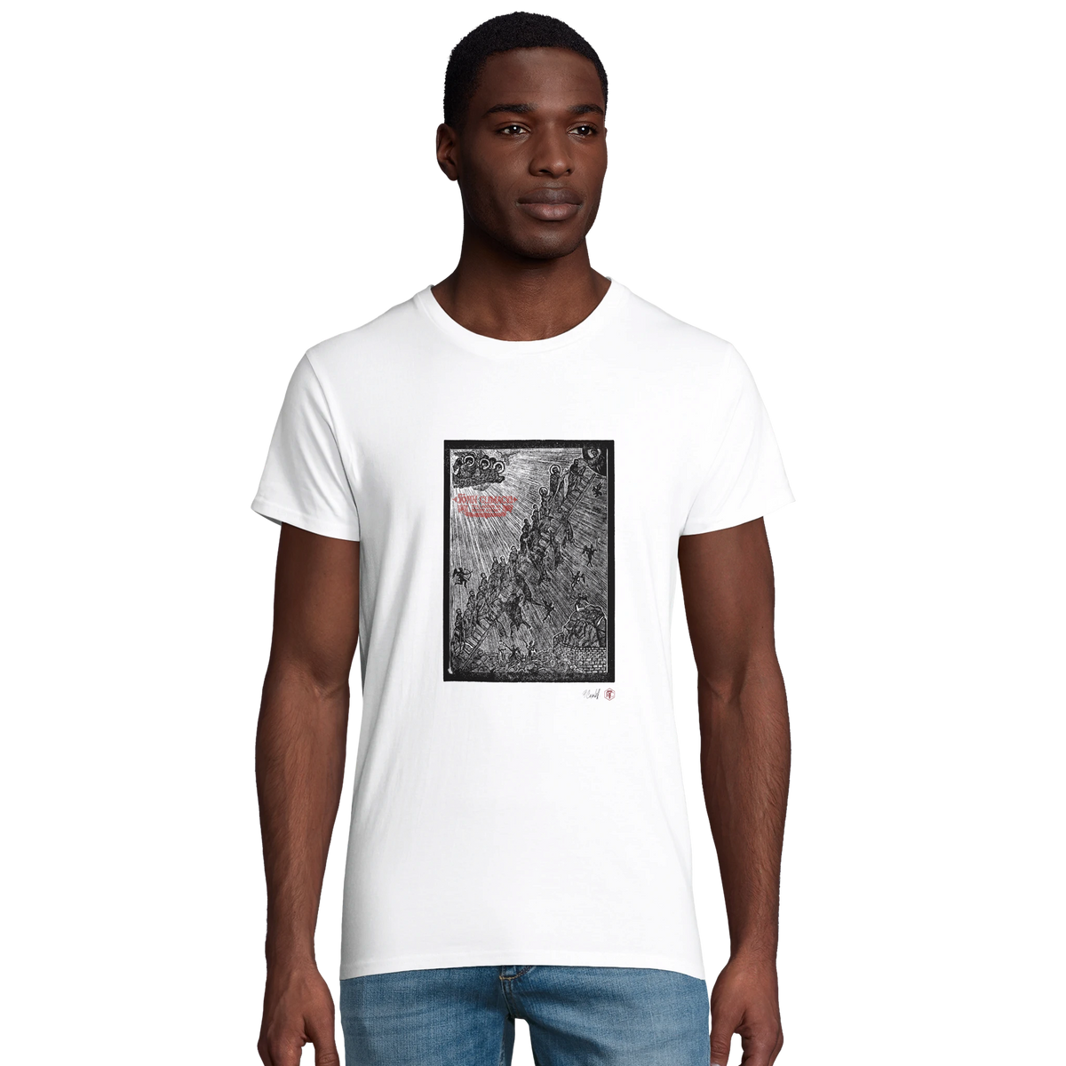 Model wearing T-shirt “The Ladder”, white, men’s cut – front view