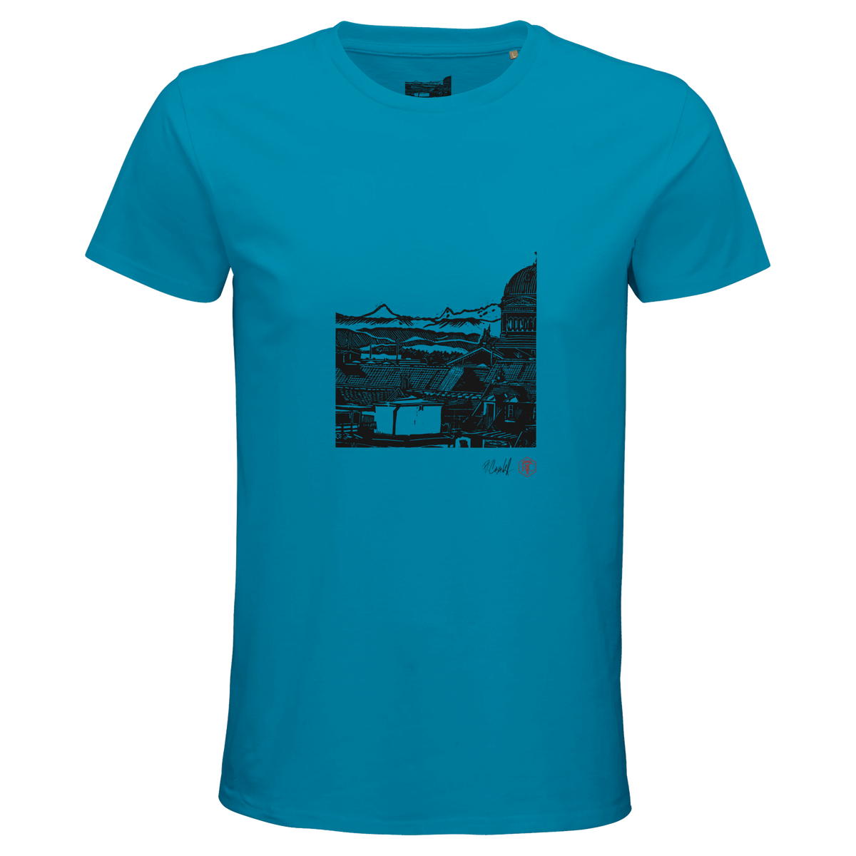 Organic cotton T-shirt with the linocut “Above Bern” – aqua, men’s cut