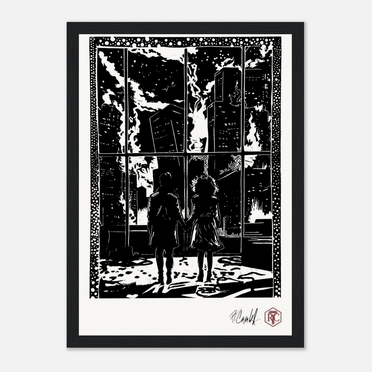 Framed art print, black wooden frame, linocut “The Window” – front view