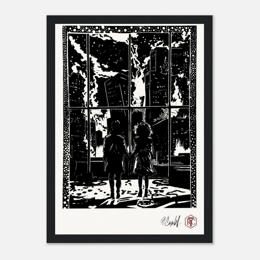 Framed art print, black wooden frame, linocut “The Window” – front view