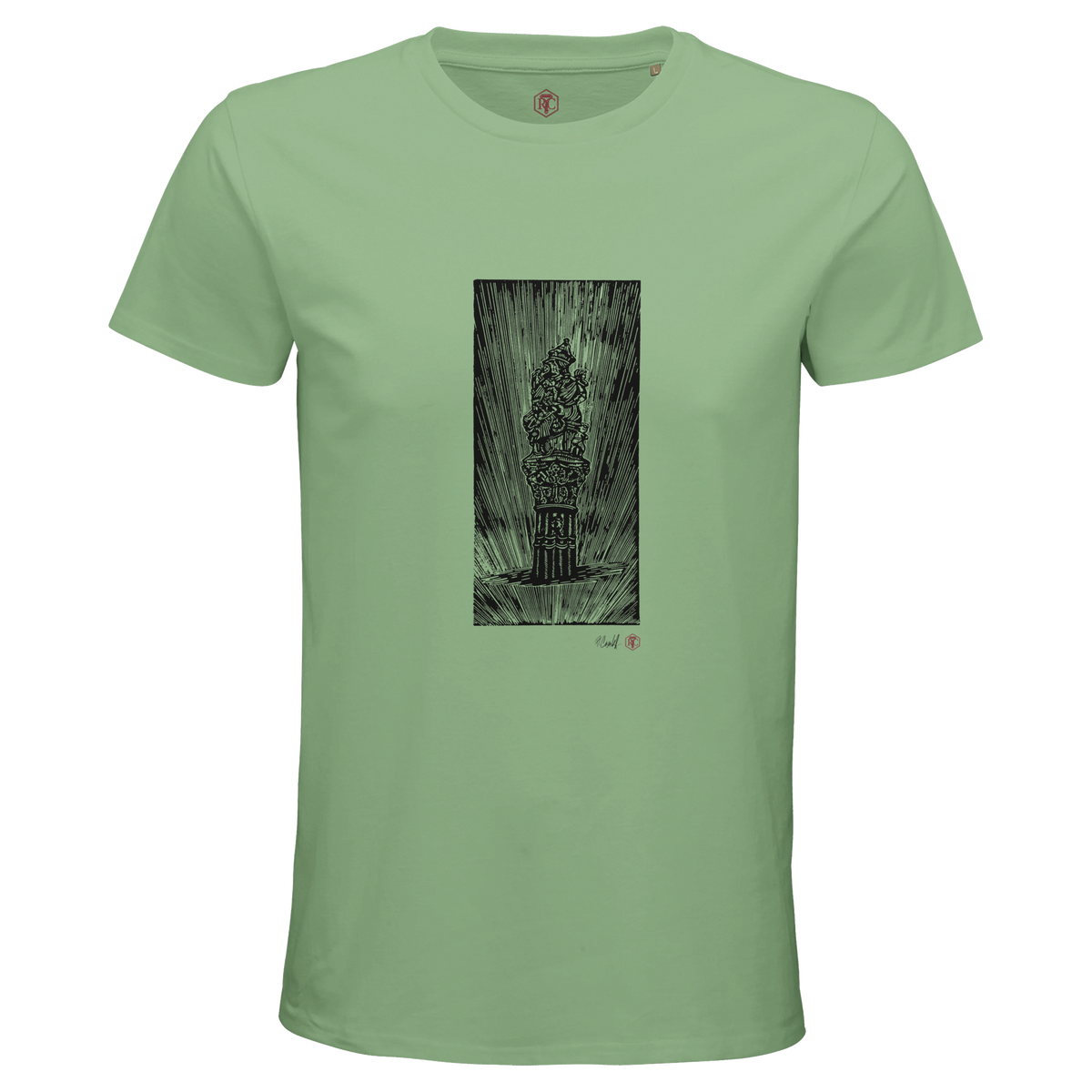 Organic cotton T-shirt with the linocut “The Fountain, Bern” – apple green, men’s cut