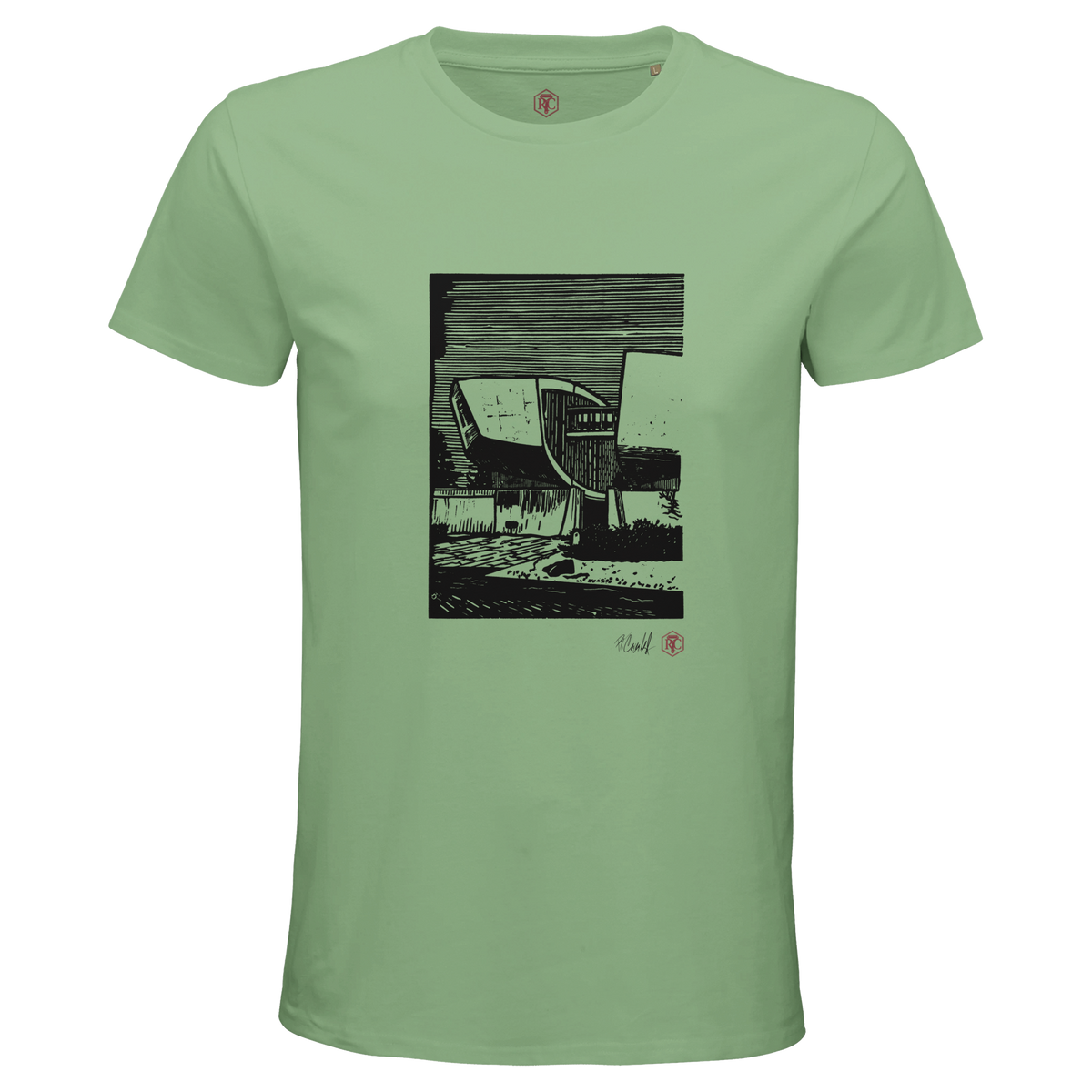 Organic cotton T-shirt with the linocut “SNP” – apple green, men’s cut