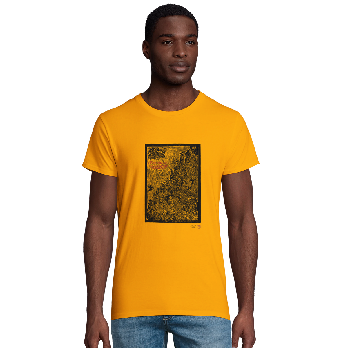 Model wearing T-shirt “The Ladder”, gold, men’s cut – front view