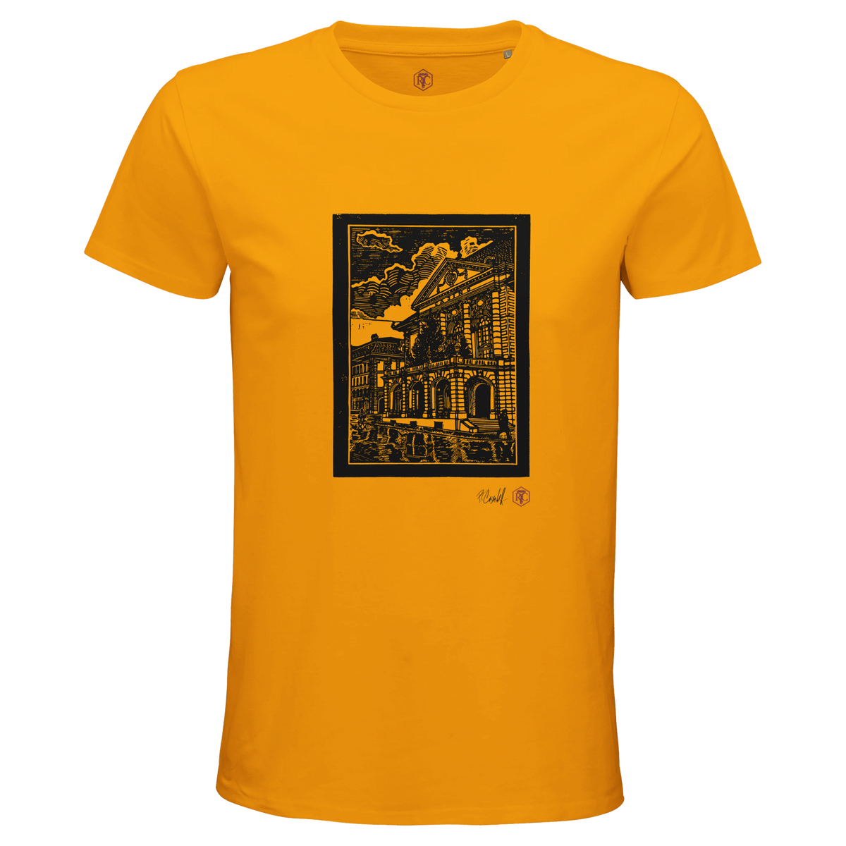 Organic cotton T-shirt with the linocut “Casino Bern” – gold, men’s cut